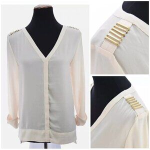 H&M Womens Sz 10 Military Satin Silky Tunic Top Popover V Neck Ivory m